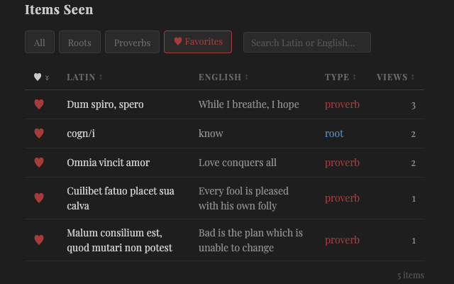 Lexis Arcana Compendium — full catalog of Latin roots and proverbs with category filters